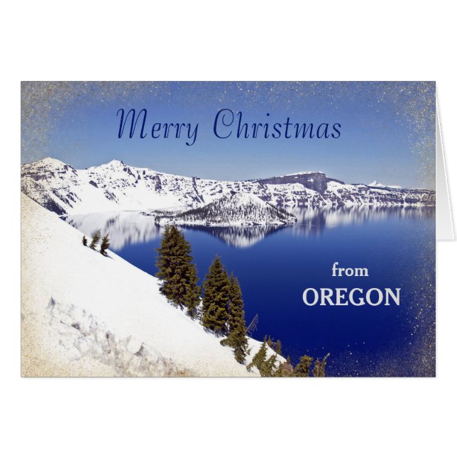 Oregon Crater Lake Christmas Gold Glitter Card (Front Horizontal)