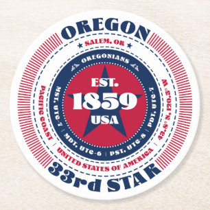 Oregon Red White Blue Typography Round Paper Coaster