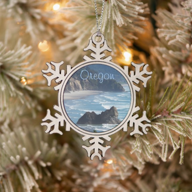 Oregon Scenic Coastline Snowflake Pewter Christmas Ornament (Tree)