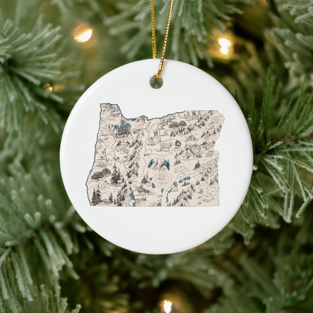 Oregon Shaped Vintage Picture Map Antique Chart Ceramic Ornament (Tree)