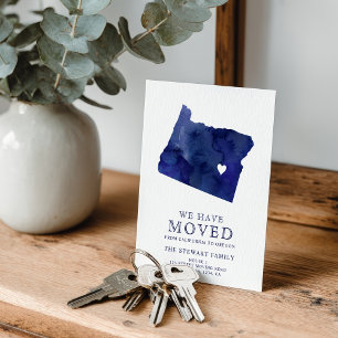 Oregon state map navy blue watercolor home moving announcement postcard