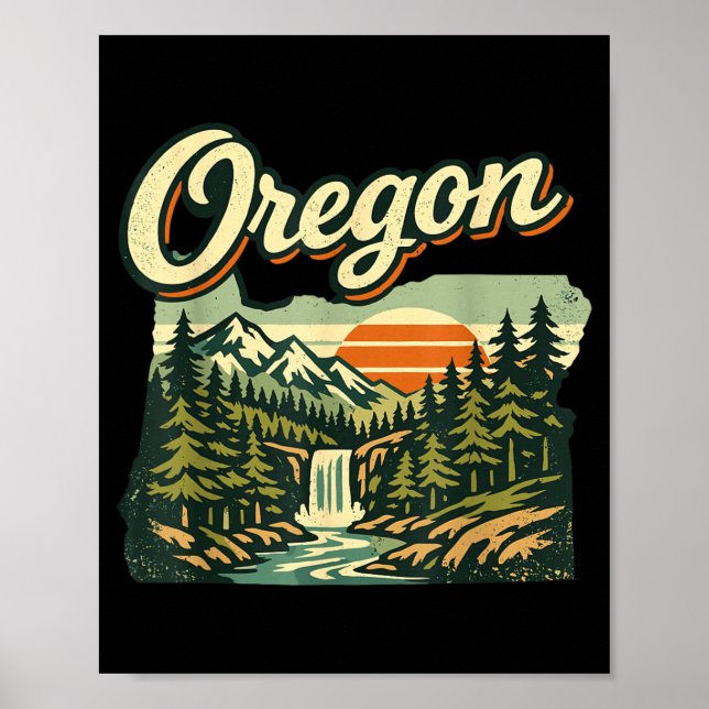 Oregon State Sunset Waterfall Mountain Forest Poster (Front)