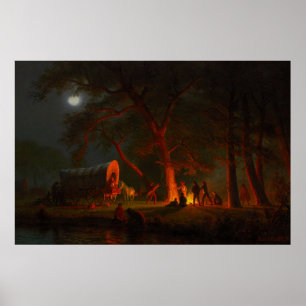 Oregon Trail Conestoga Wagon Moonlight Camp Fire  Poster
