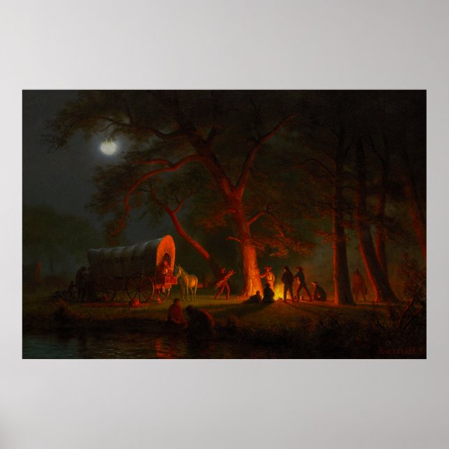 Oregon Trail Conestoga Wagon Moonlight Camp Fire  Poster (Front)