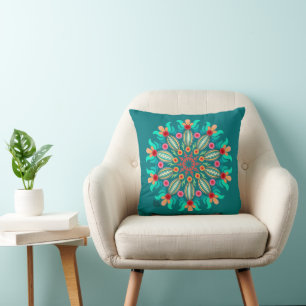 Oreiller À Jets Mandala Turquoise Et Orange