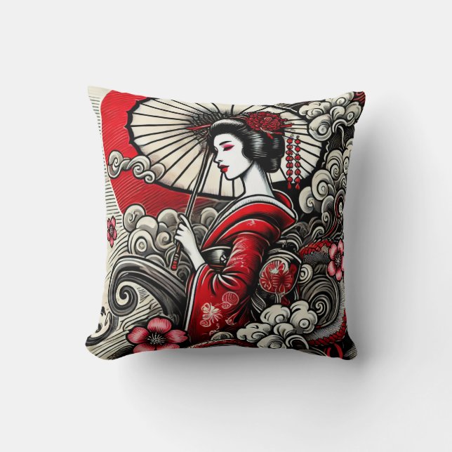 Oreiller à lancer d'art Geisha - Élégance japonais (Recto)