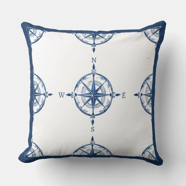 Oreiller à lancer de boussole bleu et blanc (Recto)