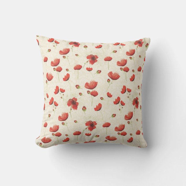 Oreiller à lancer de coquelicot rouge ivoire (Recto)
