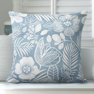 Oreiller à lancer floral bleu et blanc