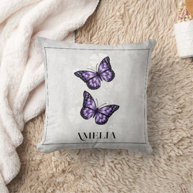Oreiller à lancer floral de papillon pourpre (Couverture)