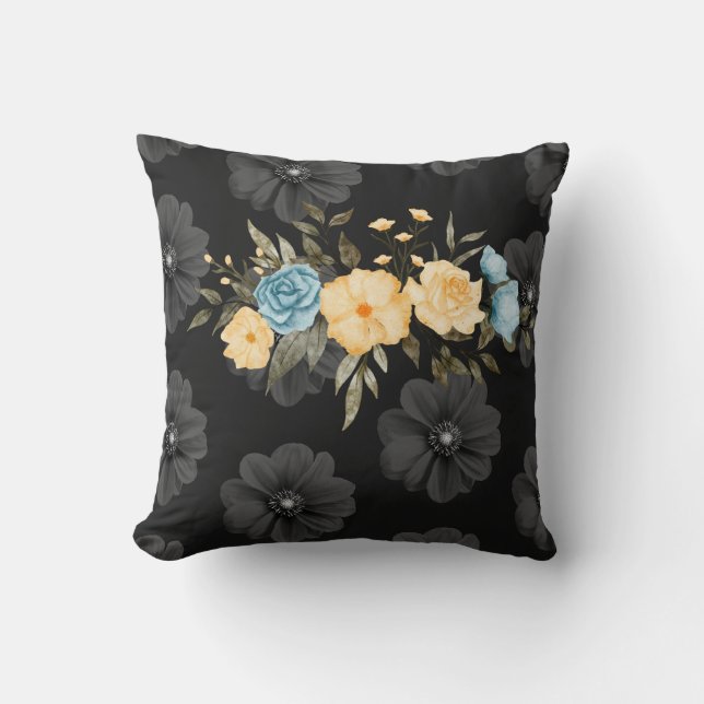 Oreiller à lancer floral noir - Élégant et élégant (Recto)
