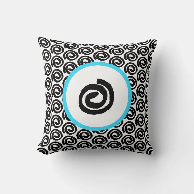 Oreiller à lancer moderne noir blanc spiral Turquo (Recto)