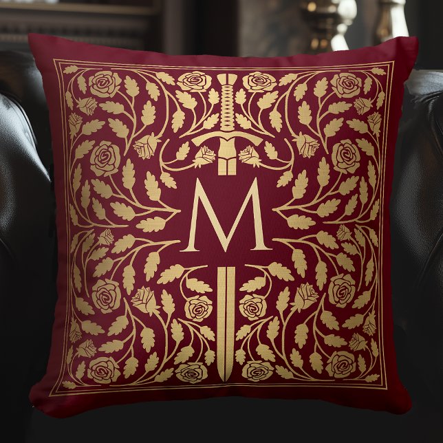 Oreiller à lancer Monogramme d'épée rouge médiéval (Créateur téléchargé)