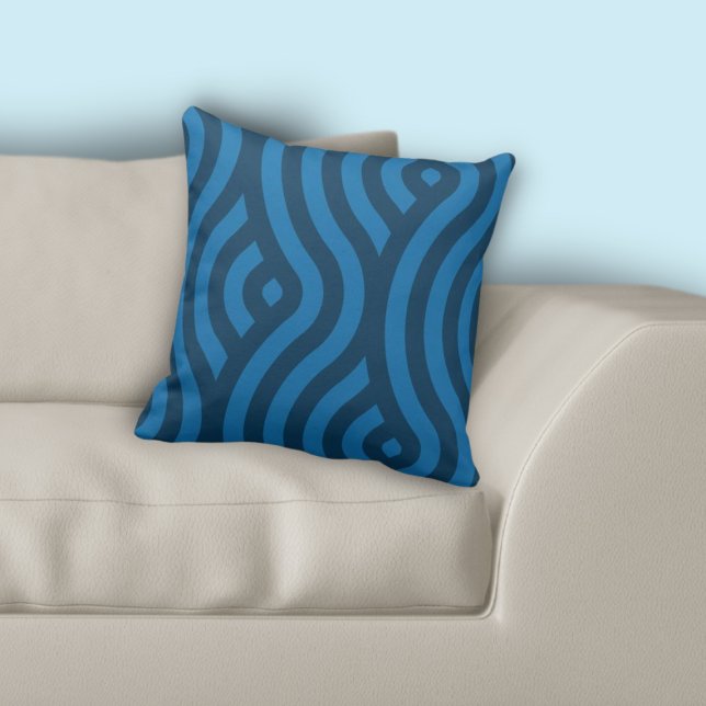 Oreiller à lancer Motif à ondes rayées bleu modern (Modern Blue Striped Wave Pattern Throw Pillow, Living Room)