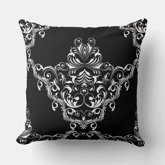 Oreiller à lancer noir et blanc victorien Damask (Recto)