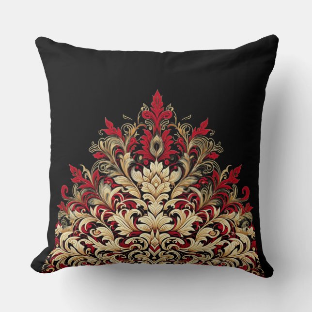 Oreiller à lancer rouge or et noir Damas (Recto)