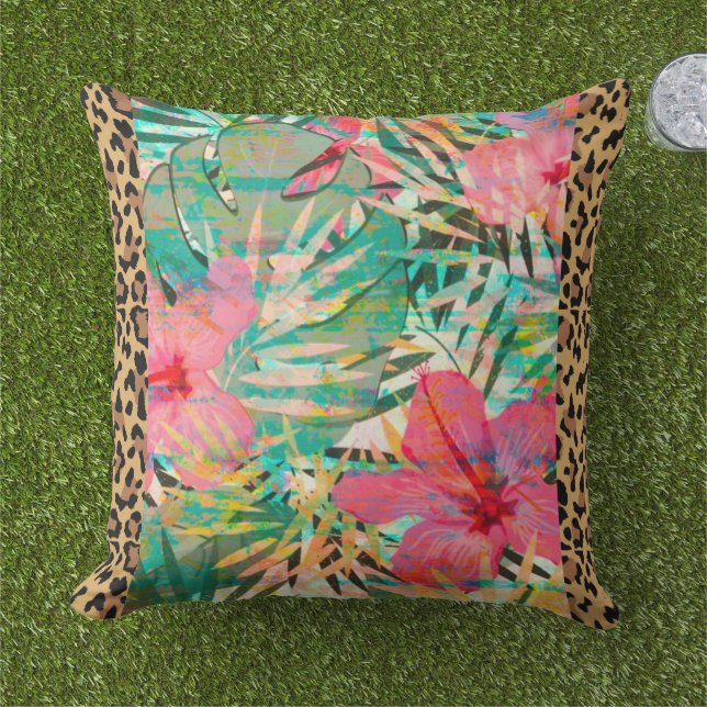 Oreiller à lancer tropical Empreinte de léopard (Herbe)