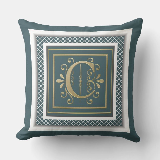 Oreiller à lancer turquoise Monogramme d'or vert (Recto)