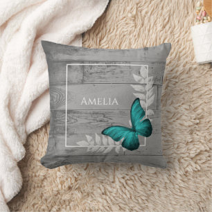 Oreiller à lancer turquoise papillon rustique