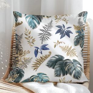 Oreiller à motif de feuilles bleu tropical et doré