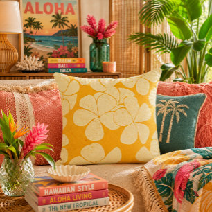 Oreiller à motif de fleur de plumeria jaune rétro