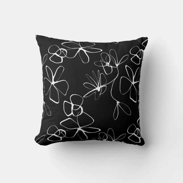 Oreiller Abstrait à lancer floral noir et blanc (Recto)