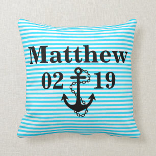 Oreiller Aqua Blue avec nom et motif d'ancre