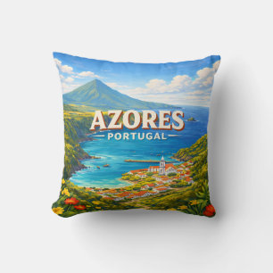 Oreiller avec affiche de voyage vintage des Açores
