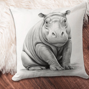 Oreiller carré jetable bébé hippopotame noir et bl
