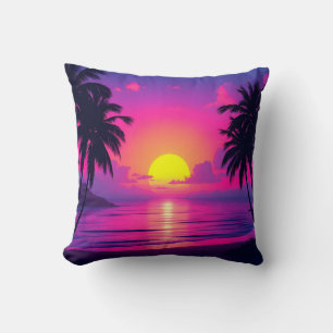 Oreiller Coucher de soleil sur la paume néon et Oa