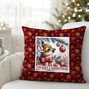 Oreiller de Noël bébé faon scène hivernale heureus