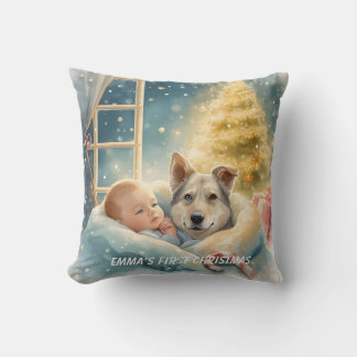 Oreiller de Noël pour bébé et chiot aux yeux bleus