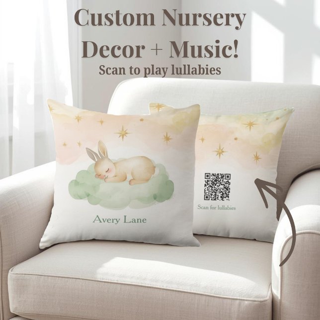 Oreiller de Nursery Sleeping Bunny avec code QR be (Sooth baby to sleep with this bunny nursery pillow featuring a scannable Spotify lullaby QR code.)