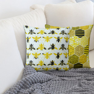 Oreiller décoratif abeille noire et jaune