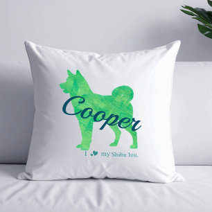 Oreiller en silhouette de Shiba Inu vert pastel pe