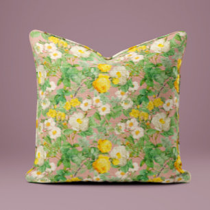 Oreiller Fleur de Rose Jaune Vintage sur Fond Rose