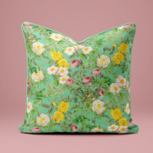 Oreiller Fleur de Rose Sauvage Vintage en Bleu Aqu