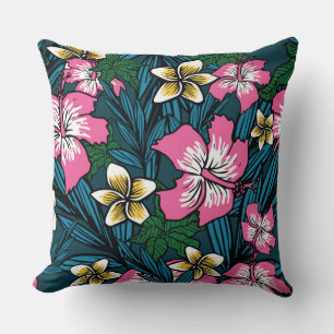 Oreiller Floral Polynésien Rose Jaune Turquoise Co