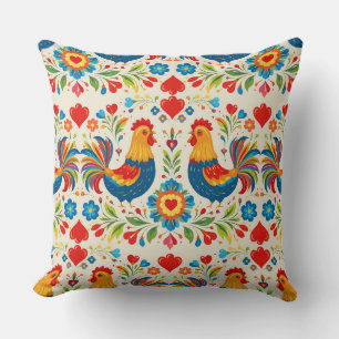 Oreiller floral poulet art populaire
