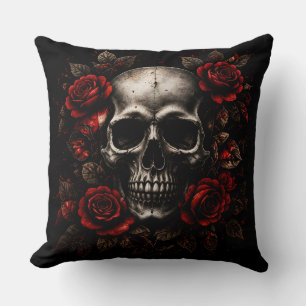 Oreiller jeté à crâne gothique avec roses rouges e