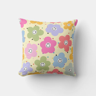 Oreiller jeté à motif de fleur smiley pastel rétro
