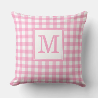 Oreiller jeté à motif gingham rose avec monogramme