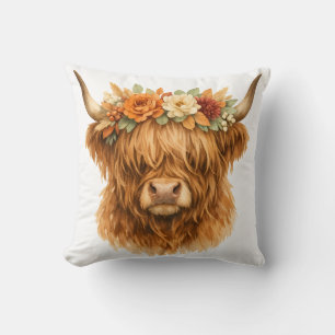 Oreiller jeté Boho Highland Cow avec couronne flor