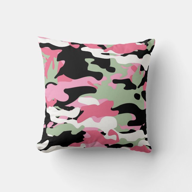 Oreiller jeté camouflage rose et vert céladon (Recto)