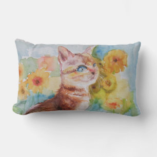Oreiller jeté de chat de champ de fleurs jaunes