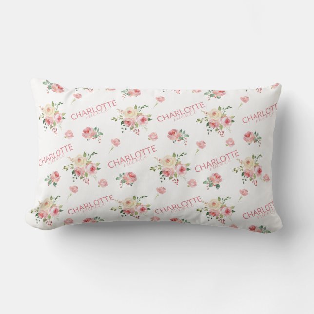 Oreiller jeté en broderie florale rose Blush (Recto)