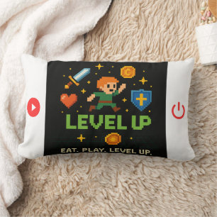 Oreiller jeté Gamer Level Up – Décor rétro Pixel