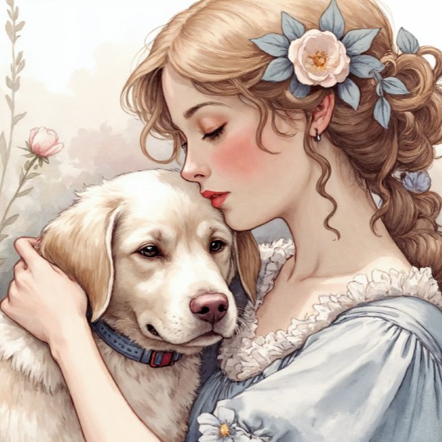 Oreiller jeté Golden Retriever (A gentle close-up of a young woman embracing a golden retriever.)