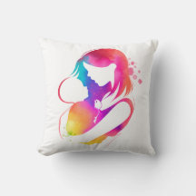 Oreiller jeté maman et bébé aquarelle coloré