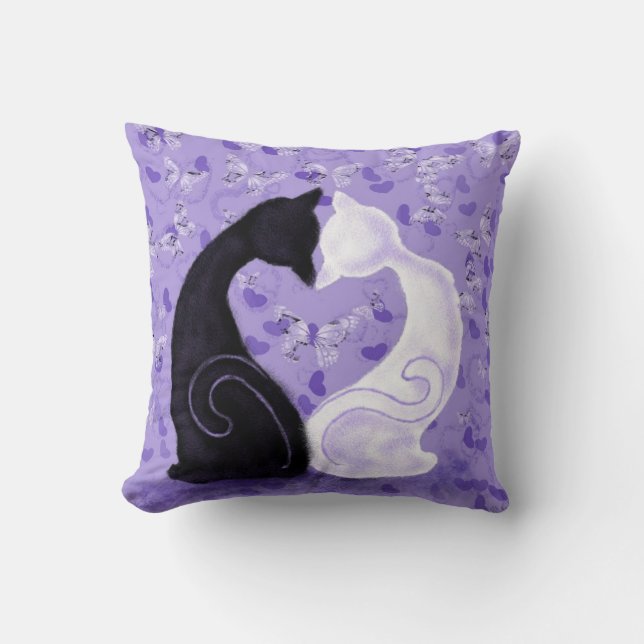 Oreiller jeté violet couple chat coeur papillons (Recto)